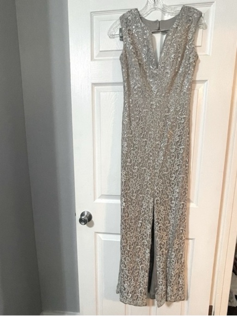 Metallic Lace Silver V-Neck Floor Length Dress Front Back Slot Open Back